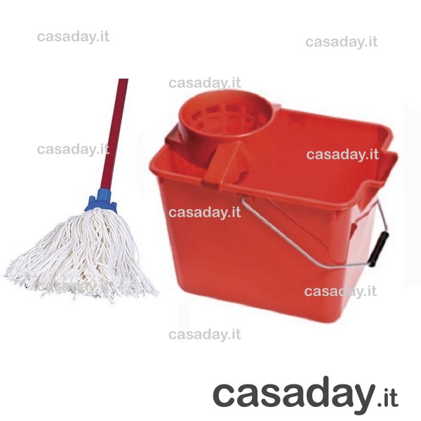 SECCHIO CON STRIZZATORE RETTANGOLARE COMPLETO DI MOP E MANICO 